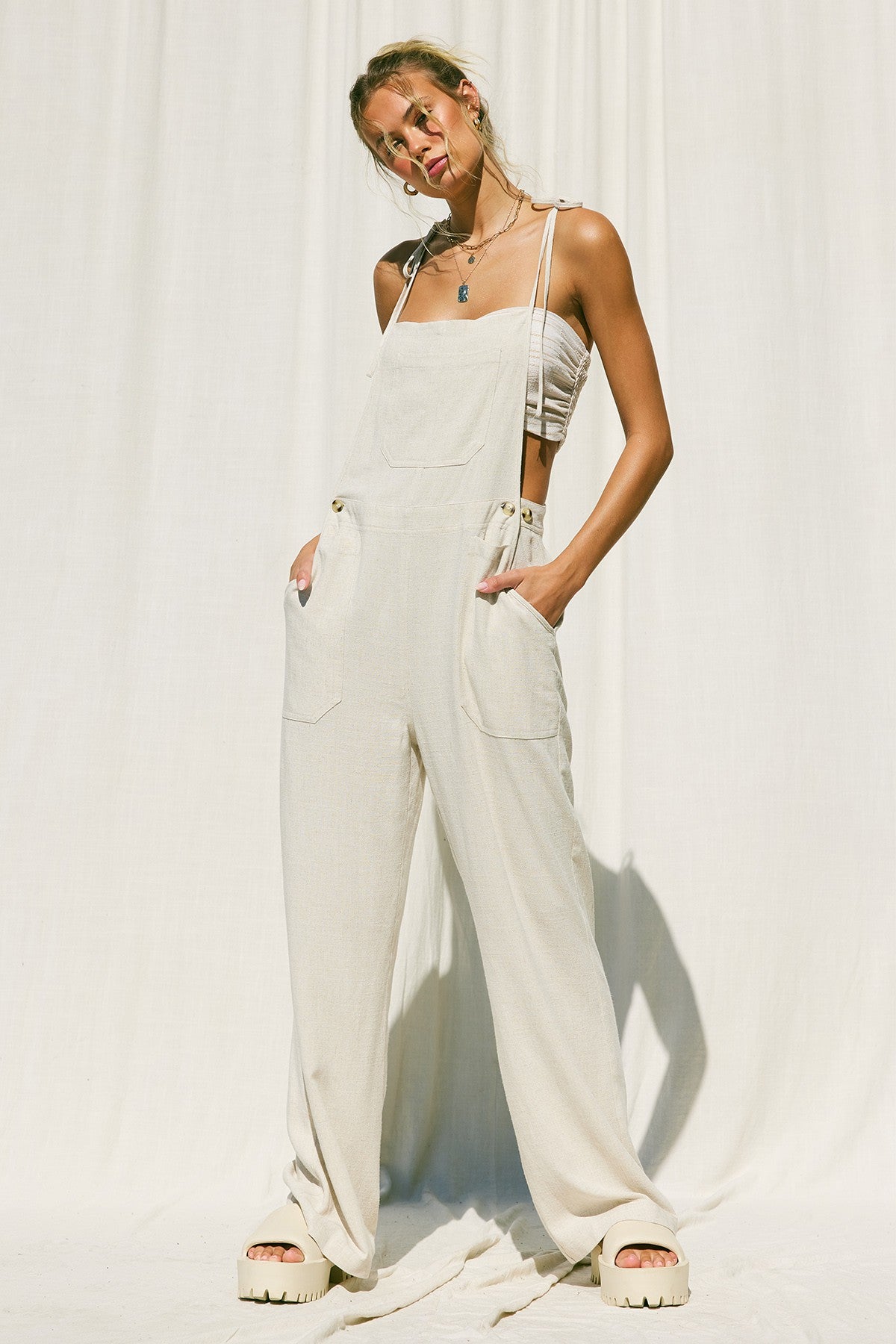 overall dress linen Blue Linen Pinafore Dress with Adjustable Straps and Loose Fit Blue / L