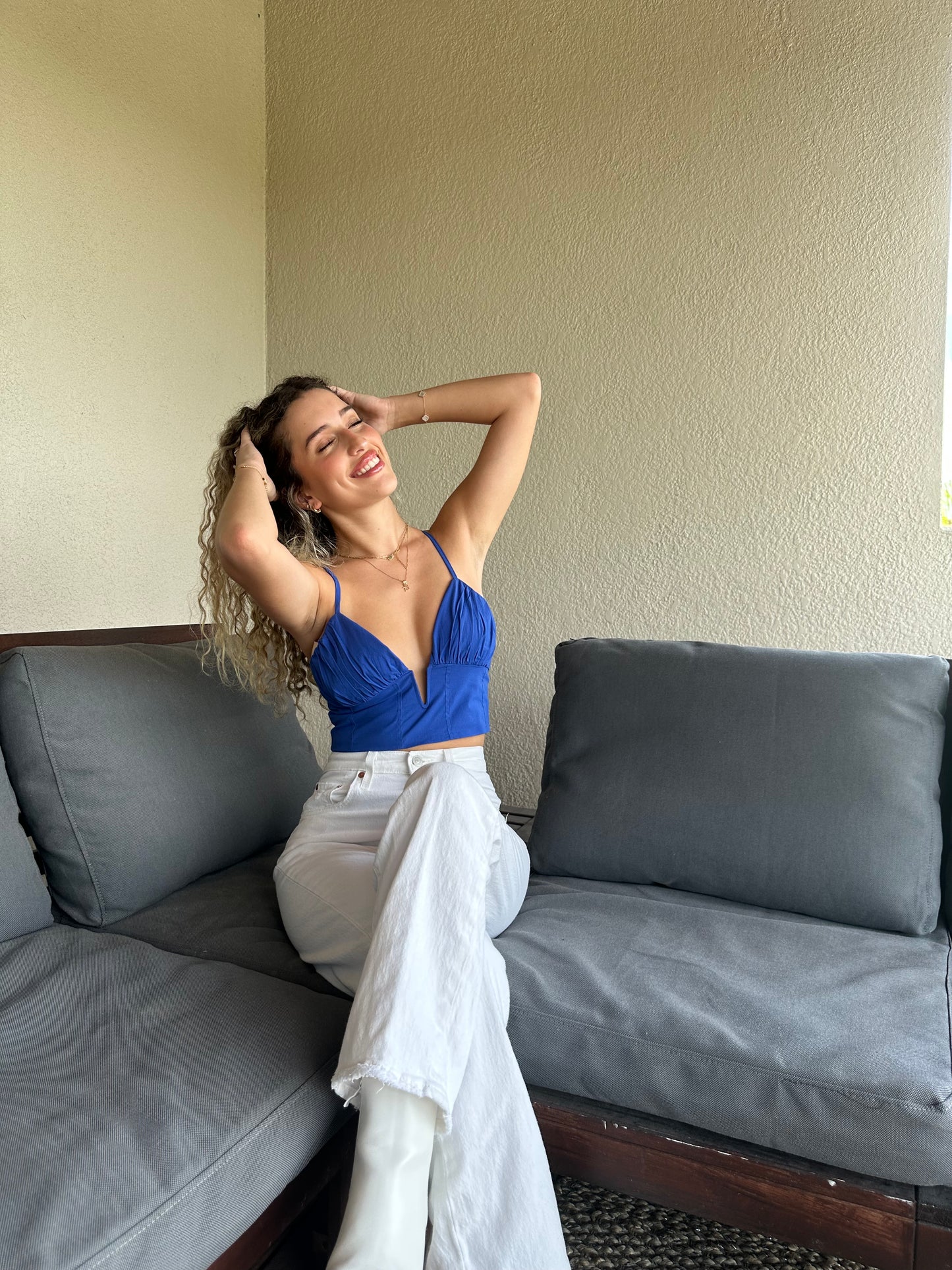 Blue V-Shaped Linen Top